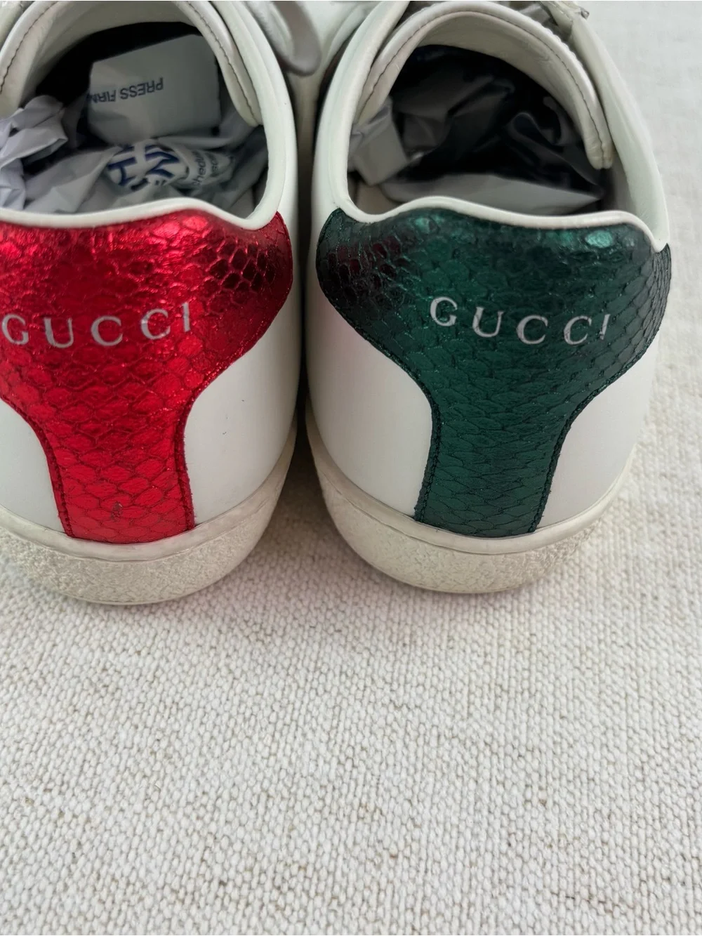 Gucci White Leather Sneakers with Red and Green Stripe and Red Heel